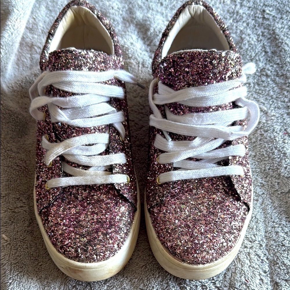 Sparkly Pink Glitter Sneakers with White Laces